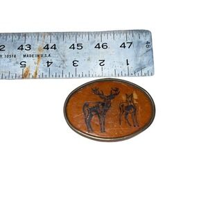 Vintage Solid Brass Deer Buck Leather Belt Buckle Made‎ in USA Mens